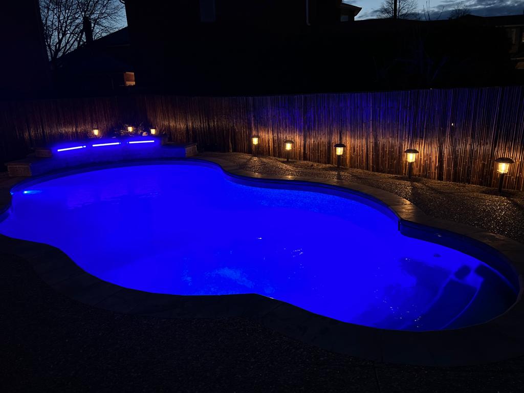 Freeform pool with paver coping and soldier course during construction