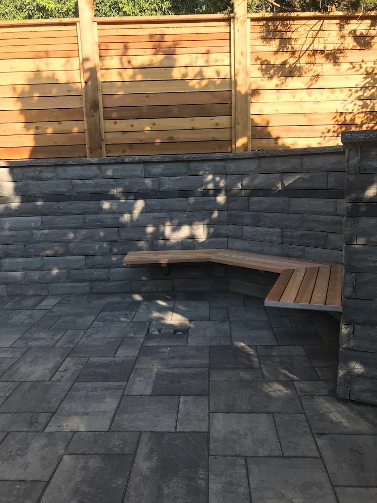 Pergola and paver patio with seating walls and stone planters
